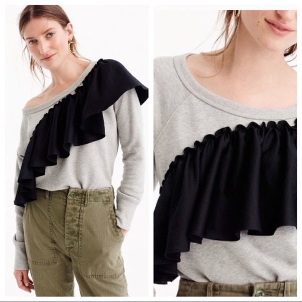 J. CREW • Asymmetrical Ruffle Sweatshirt PULLOVER SWEATER MEDIUM Gray Black